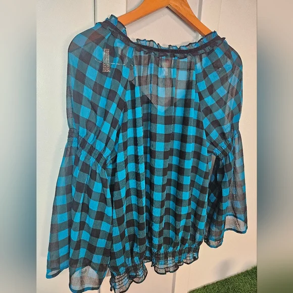 Candie's XL Blue & Black Plaid Sheer Blouse Bell Sleeve Velvet Tie Boho Top - Picture 8 of 9